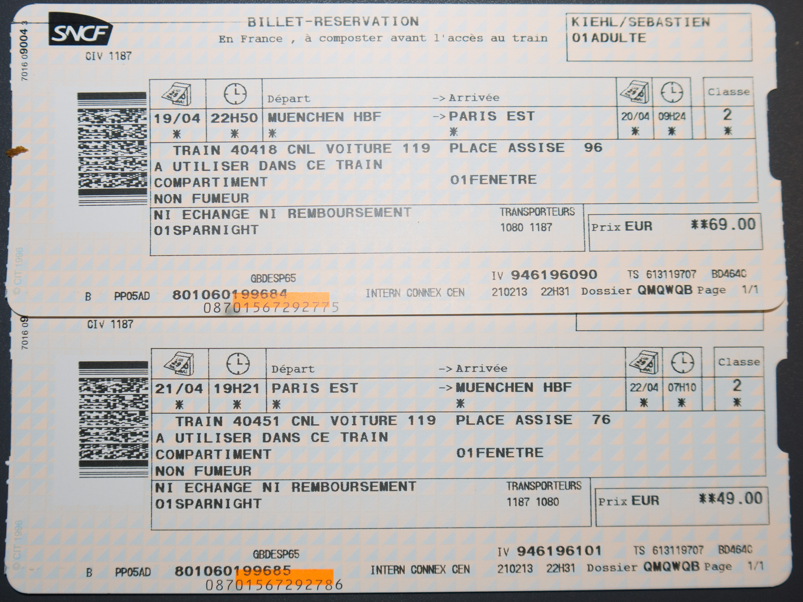 Bahntickets MünchenParis am 19. April, ParisMünchen am