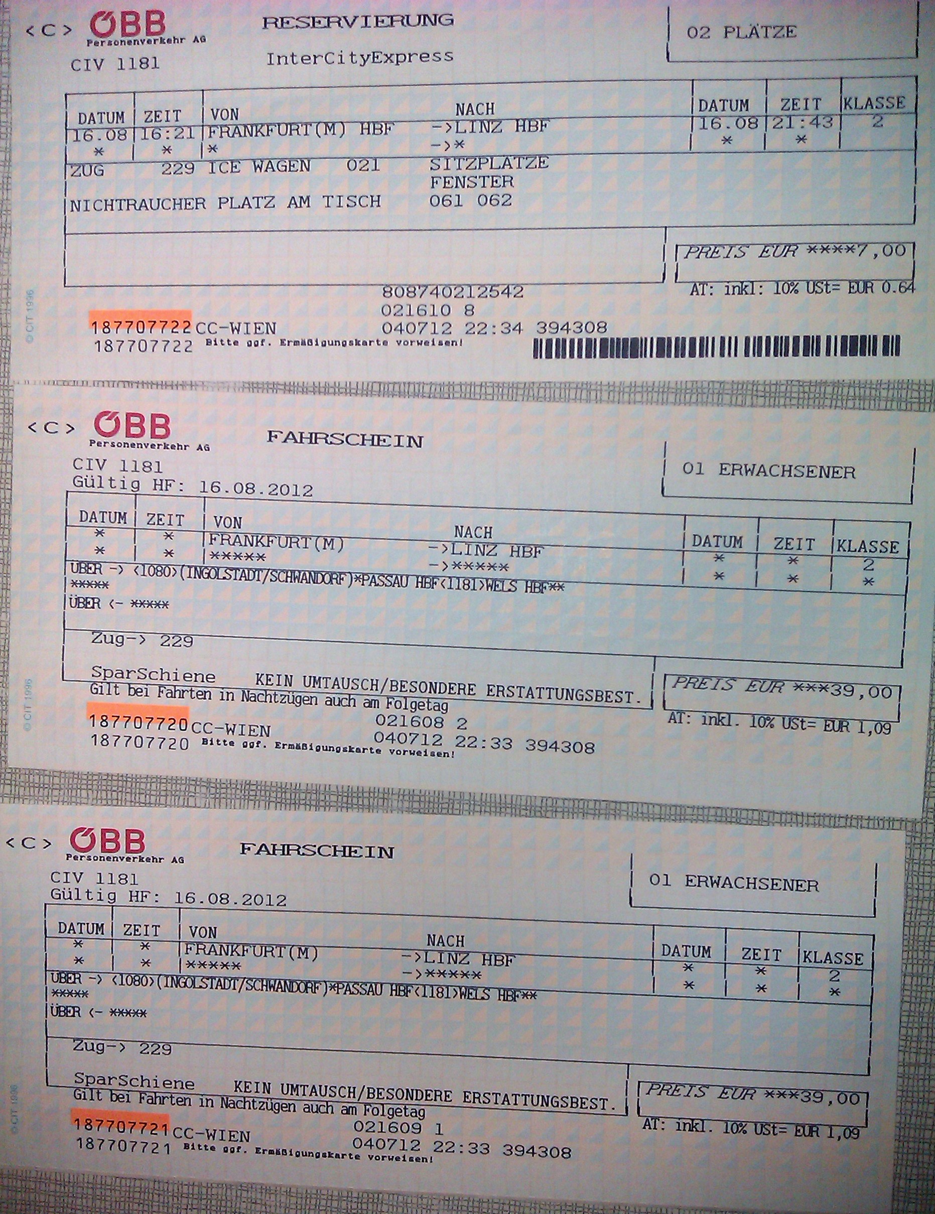 2x Zugticket von FRANKFURT (M) LINZ Hbf SparSchiene 16